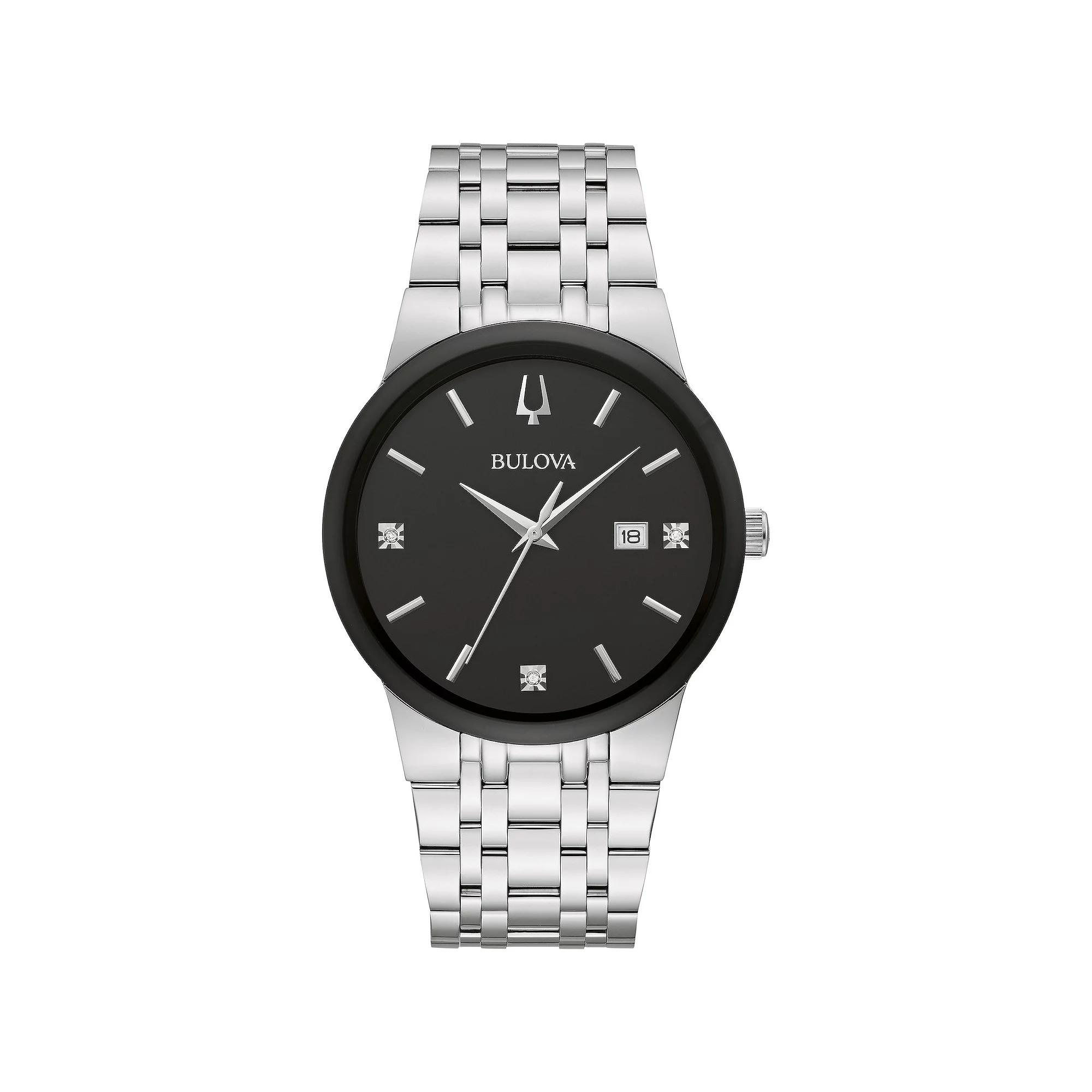 Bulova Mens Modern Stainless Steel Black Diamond Accent Bracelet Watch - 96D154 Silver Product Image