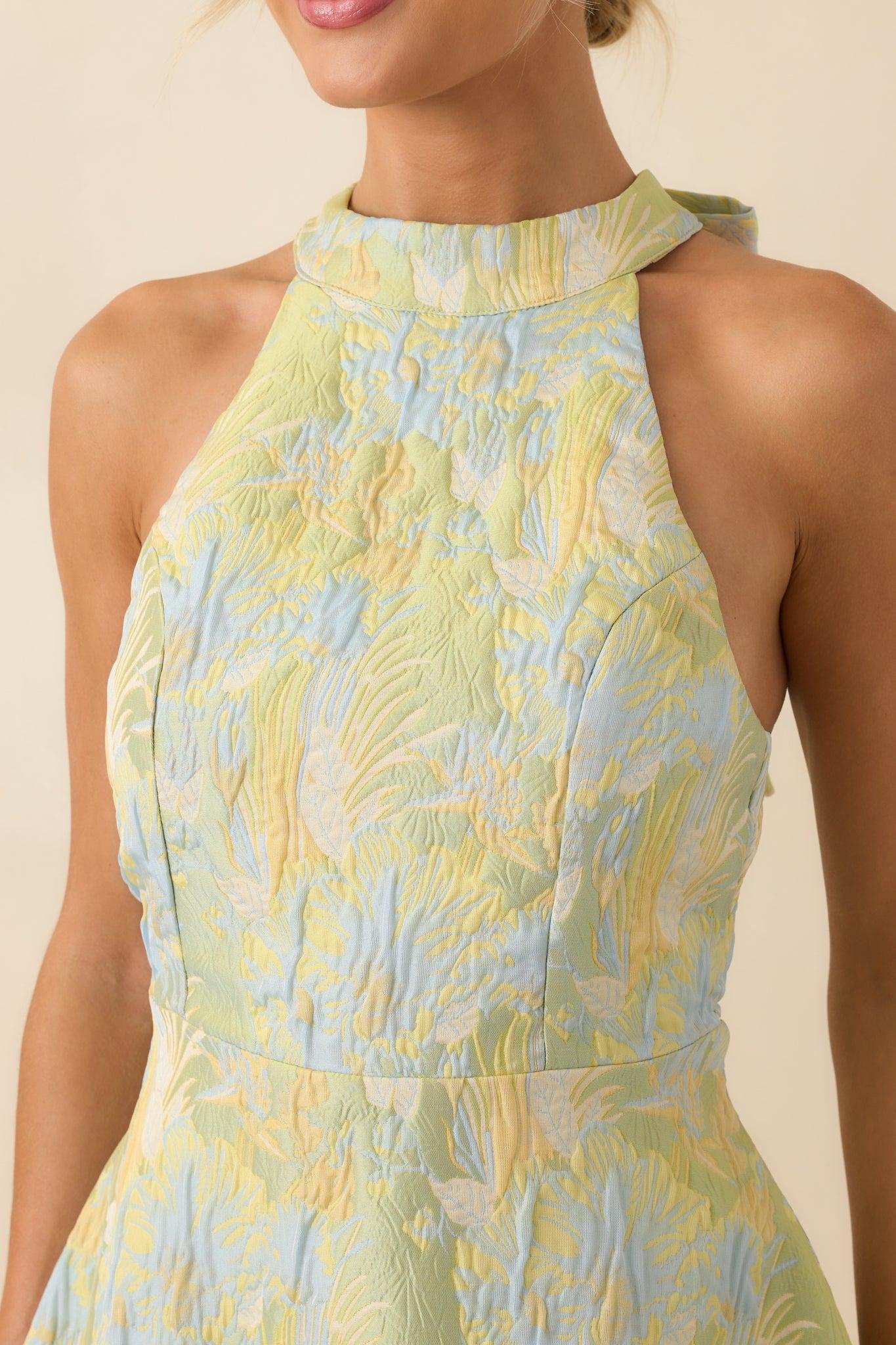 Always Ready Light Green Floral Print Jacquard Halter Mini Dress Product Image