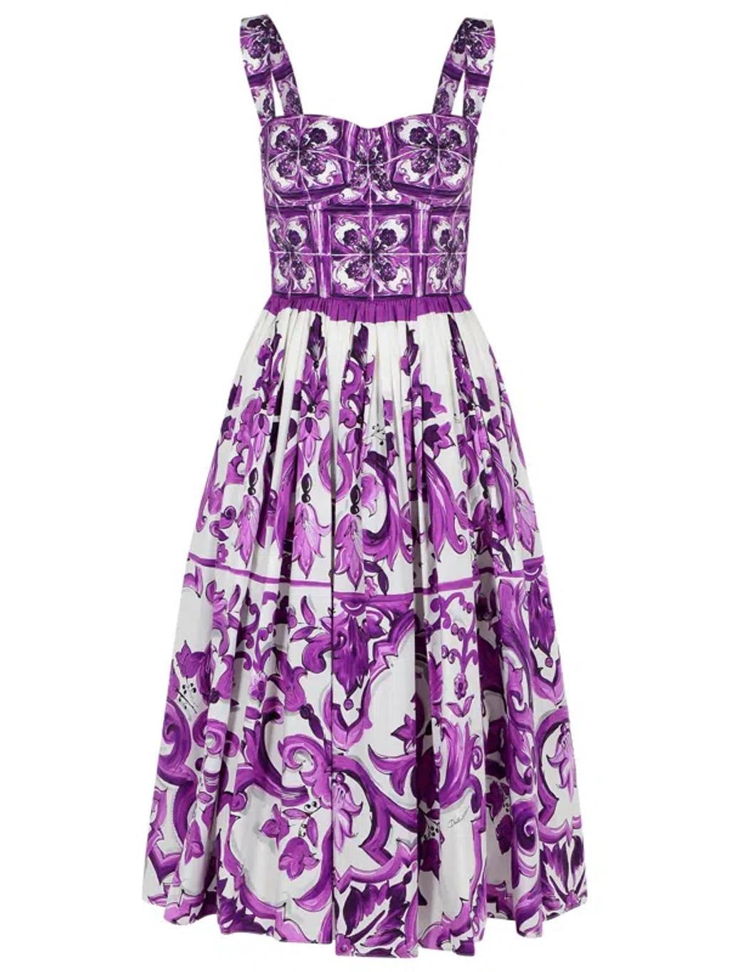 DOLCE & GABBANA Women Cotton Midi Dress With Maiolica Print In Purple Product Image