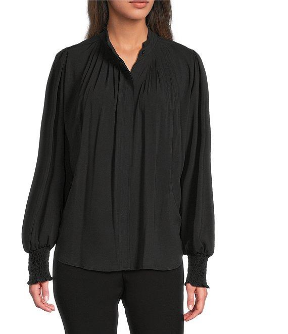 KARL LAGERFELD PARIS Round Neck Long Smocked Sleeve Button Front Blouse Product Image