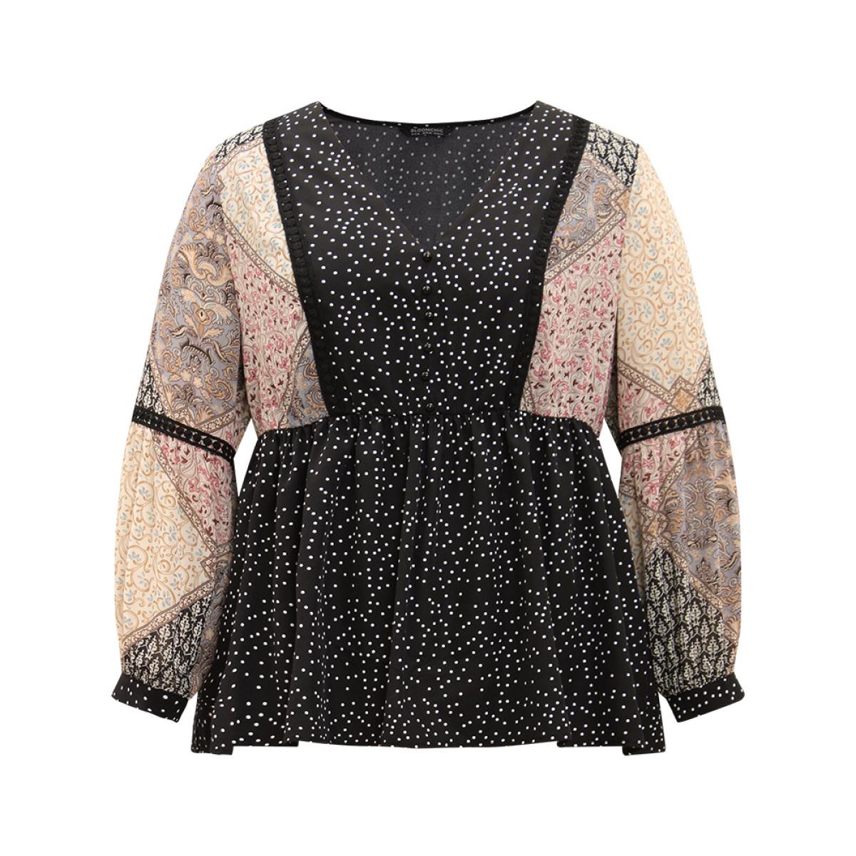 Plus Size BlackFlower Bandana Polka Dot Patchwork Contrast Blouse Women Vacation Long Sleeve V-neck Vacation Blouses BloomChic 12/L Product Image