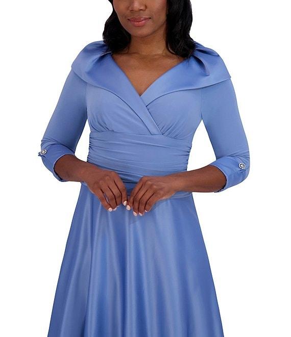 Jessica Howard Portrait Collar V-Neck 3/4 Sleeve Rhinestone Cuff Ruched Waist Satin Gown Product Image