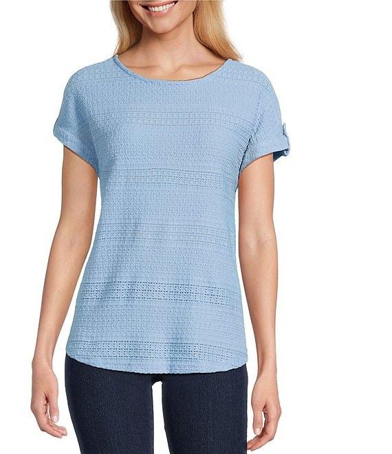 Ruby Rd. Crochet Knit Boat Neck Short Button Tab Sleeve Top Product Image