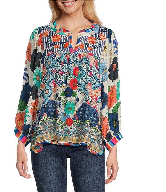 John Mark Embroidered Floral Print Split Neck 3/4 Sleeve Tunic Product Image