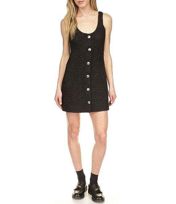 Michael Kors Eyelash Tweed Scoop Neck Sleeveless Gold Button Mini Dress Product Image
