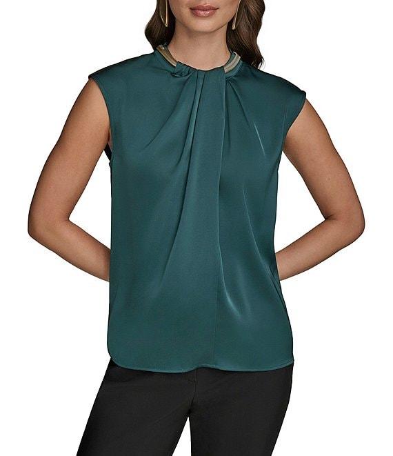 Donna Karan Satin Back Crepe Hardware Twist Neck Cap Sleeve Blouse Product Image