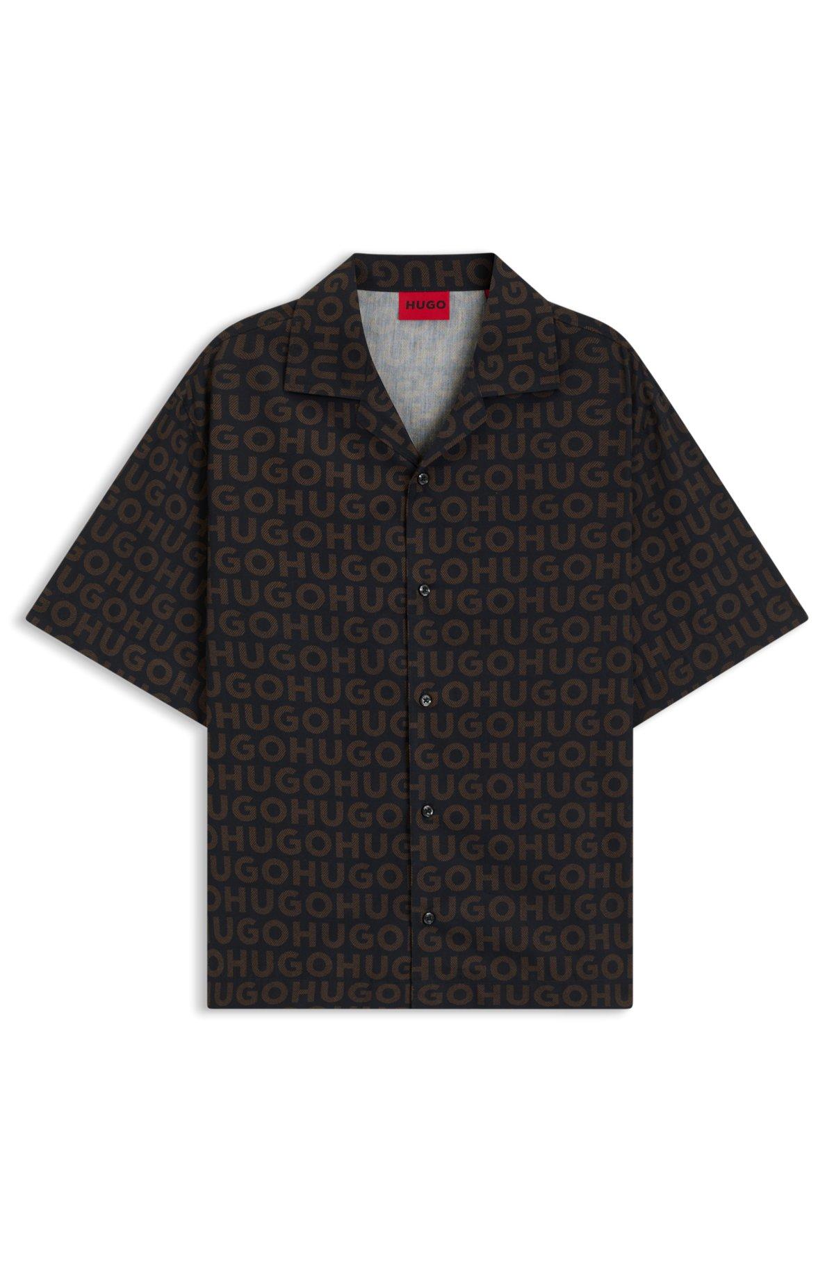 HUGO - Oversize-fit shirt in printed cotton poplin - Brown Product Image