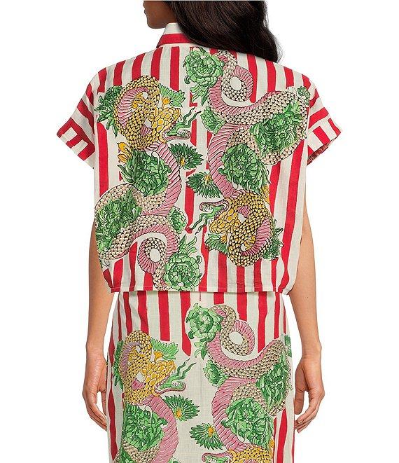 Mo Maya Red Stripe Dragon Print Camp Collar Short Sleeve Button Front Coordinating Coverup Top Product Image