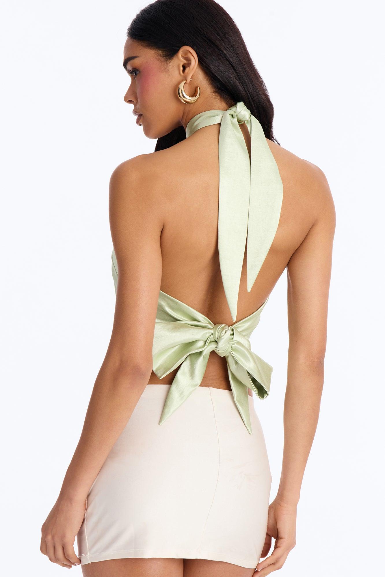 Pretty Things Tie Back Satin Halter Top - Sage Female Product Image