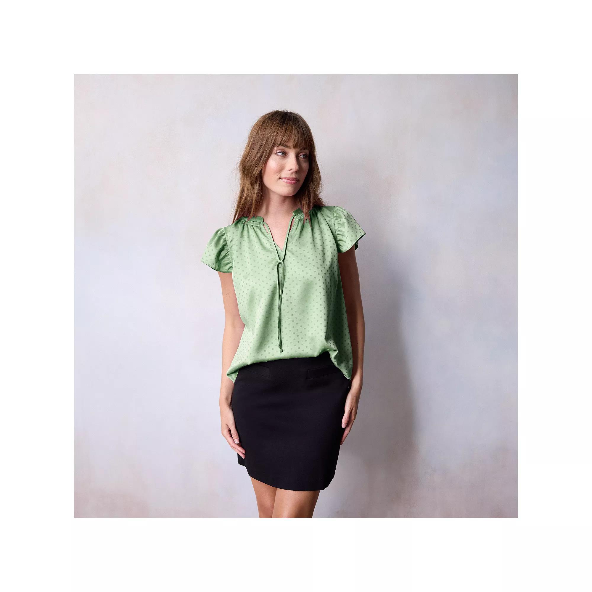Women's LC Lauren Conrad Tie Front Ruffled V-Neck Shell, Size: Medium, Valor Green Product Image