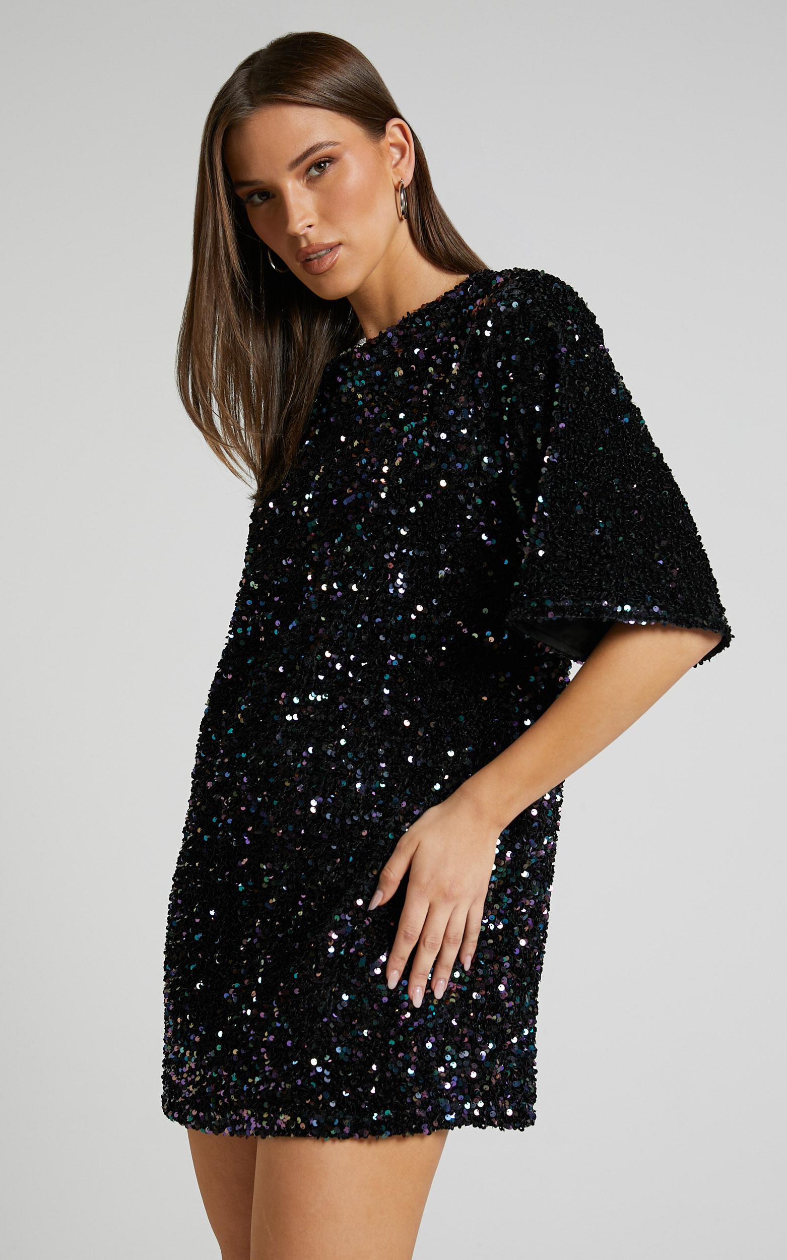 Valetta Mini Dress - Sequin low back shift dress in Midnight Blue Sequin Product Image