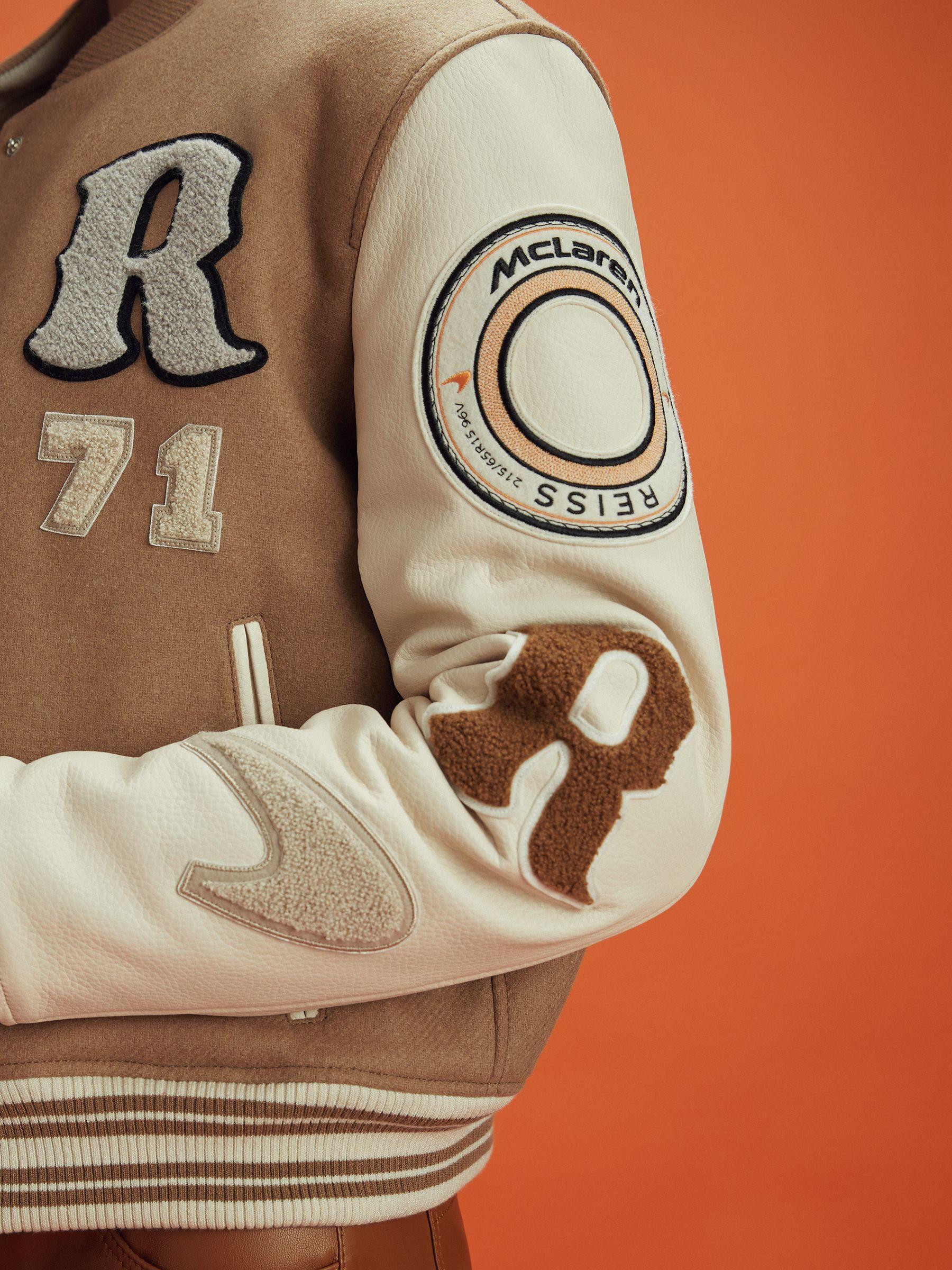 McLaren F1 Leather Varsity Jacket in Camel/Ecru Product Image