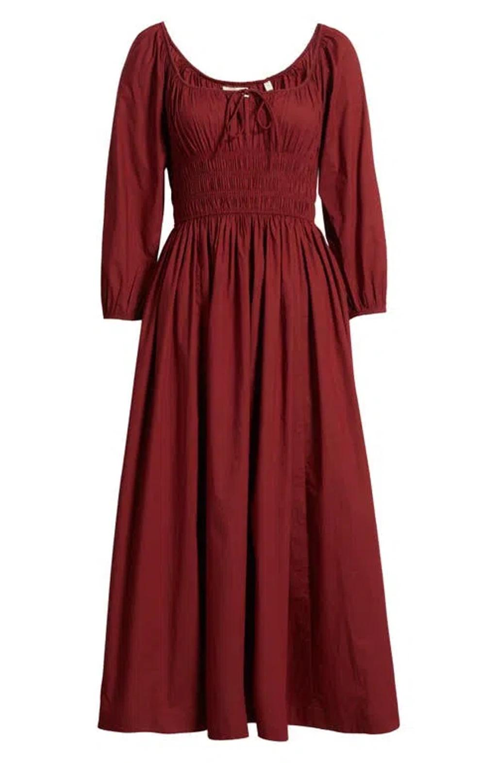 DOEN Quintessa Tie-detailed Shirred Organic Cotton-poplin Midi Dress In Burgundy Product Image