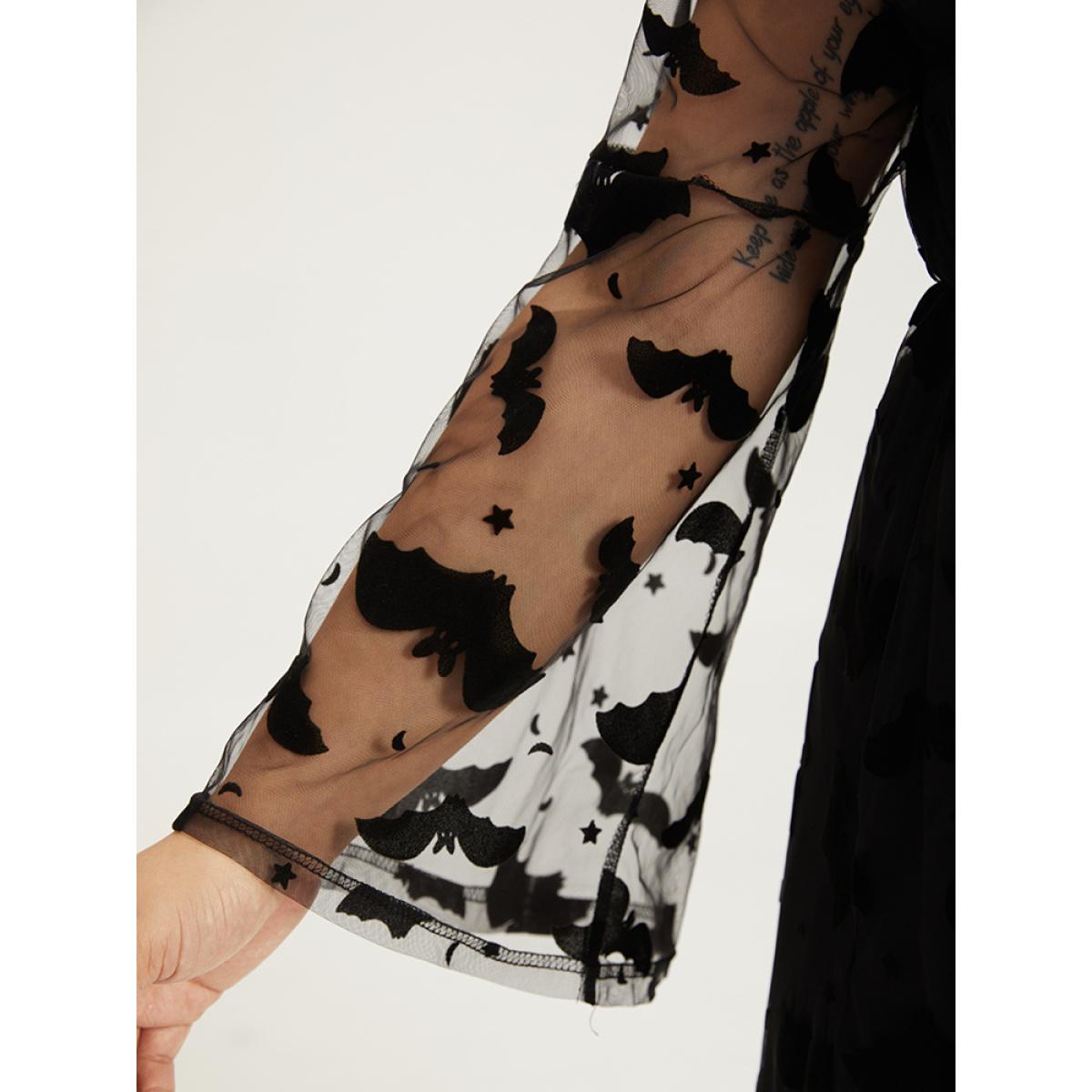 Plus Size Halloween Bat Print Mesh Long Sleeve Dress Black Women Elegant See through Round Neck Long Sleeve Curvy Midi Dress BloomChic 30/6X Product Image