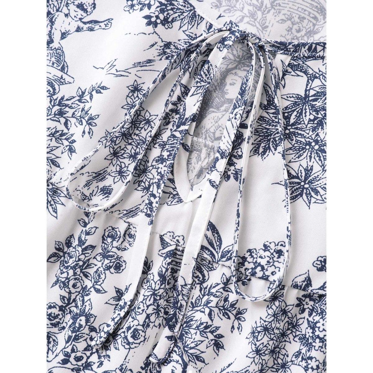 Plus Size DarkBlue Artistic Print A-Line Blouse Women Timeless Elbow-length sleeve V-neck Elegant Blouses BloomChic 12/L Product Image