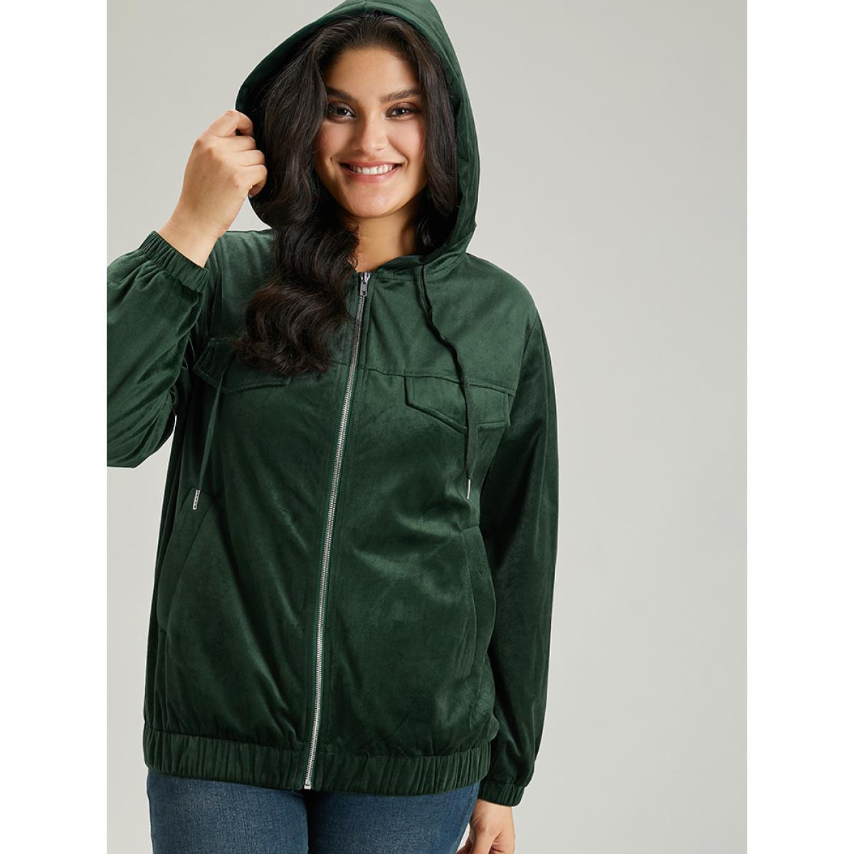 Plus Size Velvet Zipper Pocket Drawstring Hooded Jacket Women Emerald Elastic cuffs Pocket Dailywear Jackets BloomChic 14-16/1X Product Image