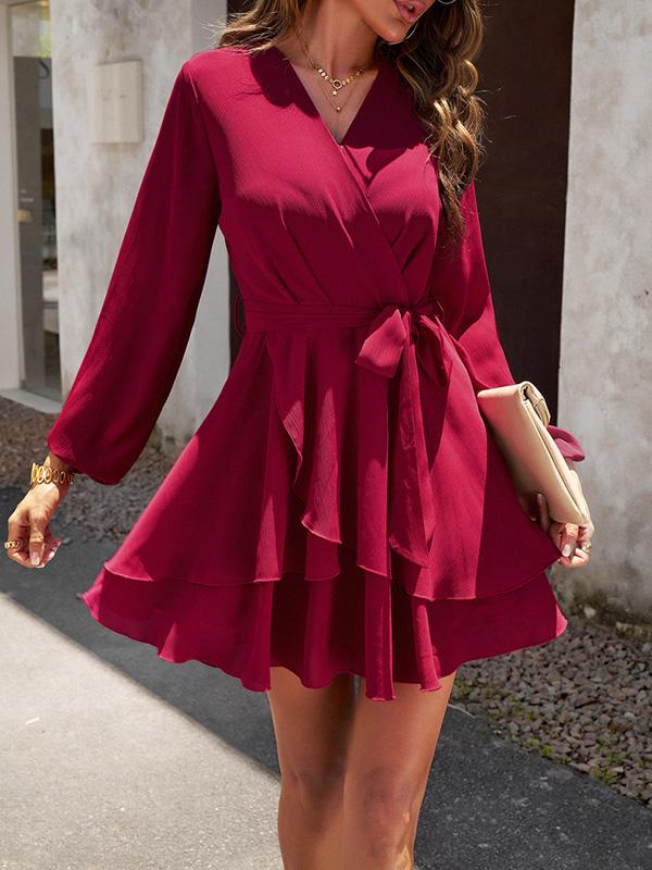 A-Line High Waisted Ruffled Solid Color Tied Waist V-Neck Mini Dresses Product Image