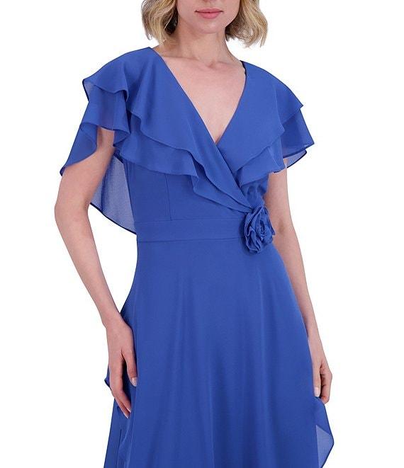 Jessica Howard Long Ruffle Rosette Chiffon Dress Product Image