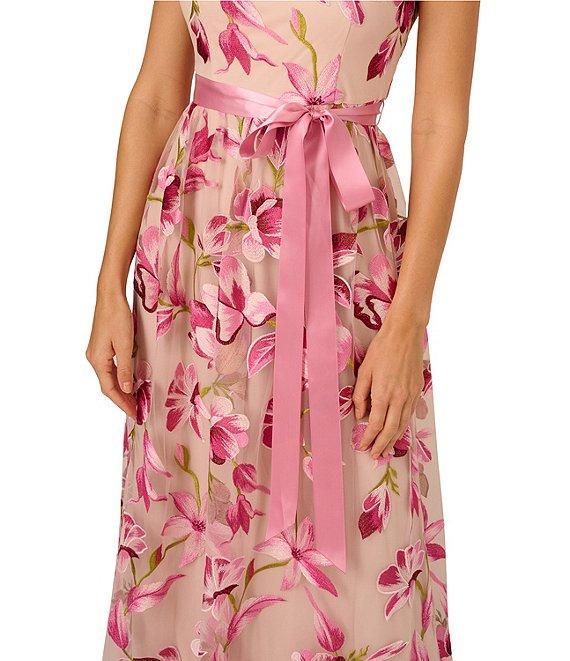 Adrianna Papell Embroidered Floral Print Crew Neck Short Sleeve Belted Waist Tie A-Line Gown Product Image