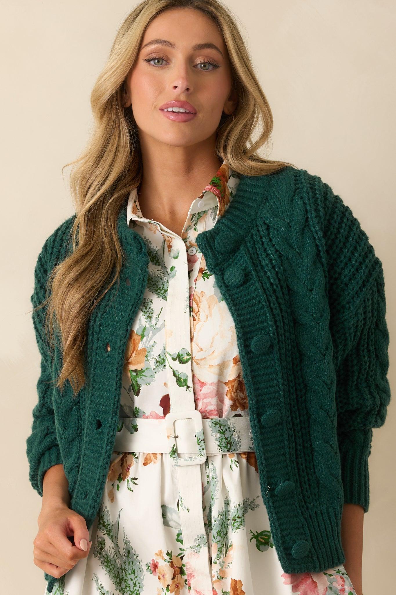 A Look That Lasts Forest Green Cable Knit Button Up Cardigan L / Forest Green Product Image