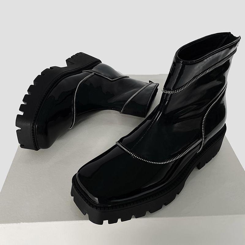 Platform Square Toe Plain Zipped Genuine Leather Short Boots Product Image