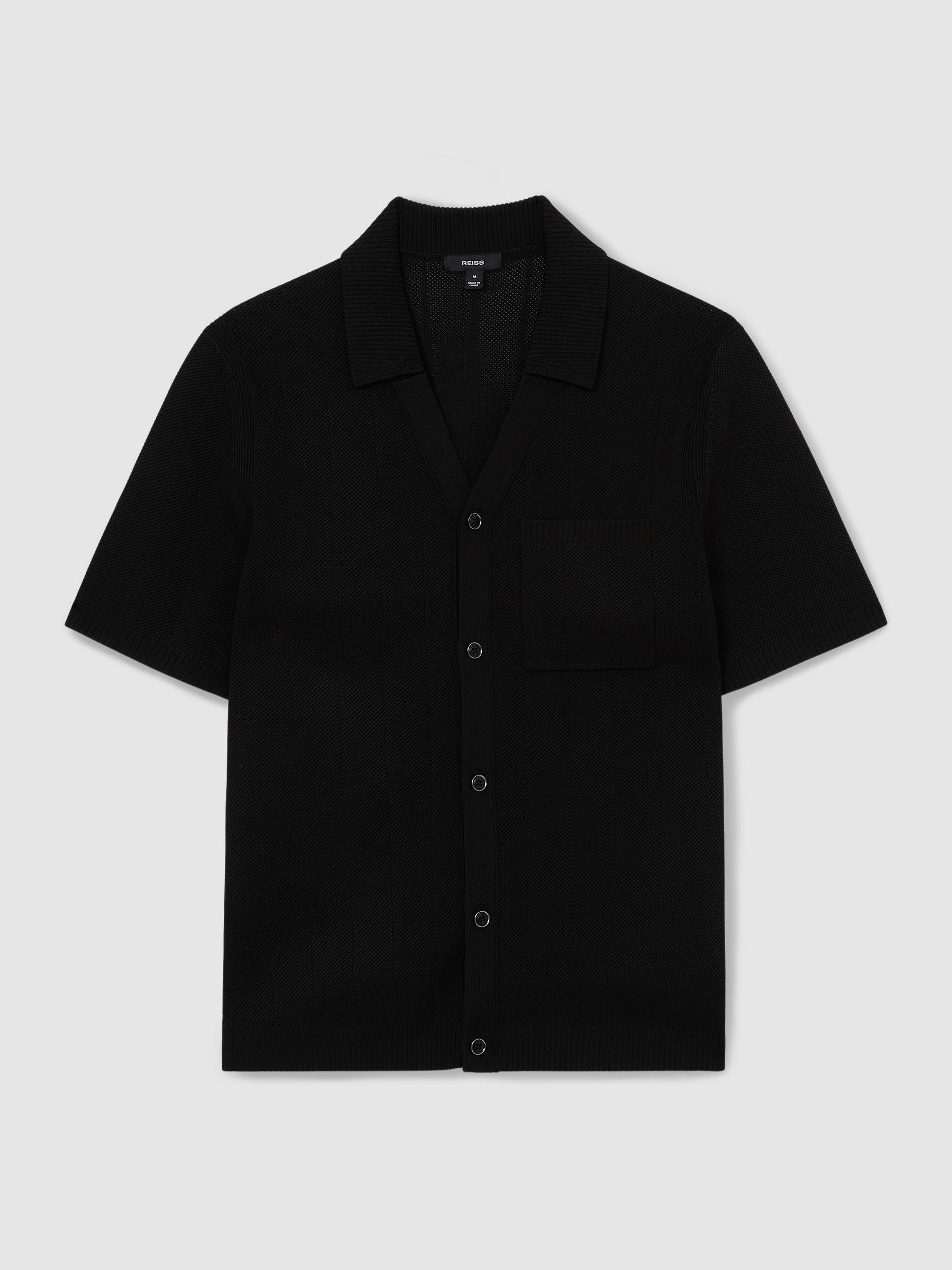 V-Neck Collar Textured-Knit Shirt in Black Product Image