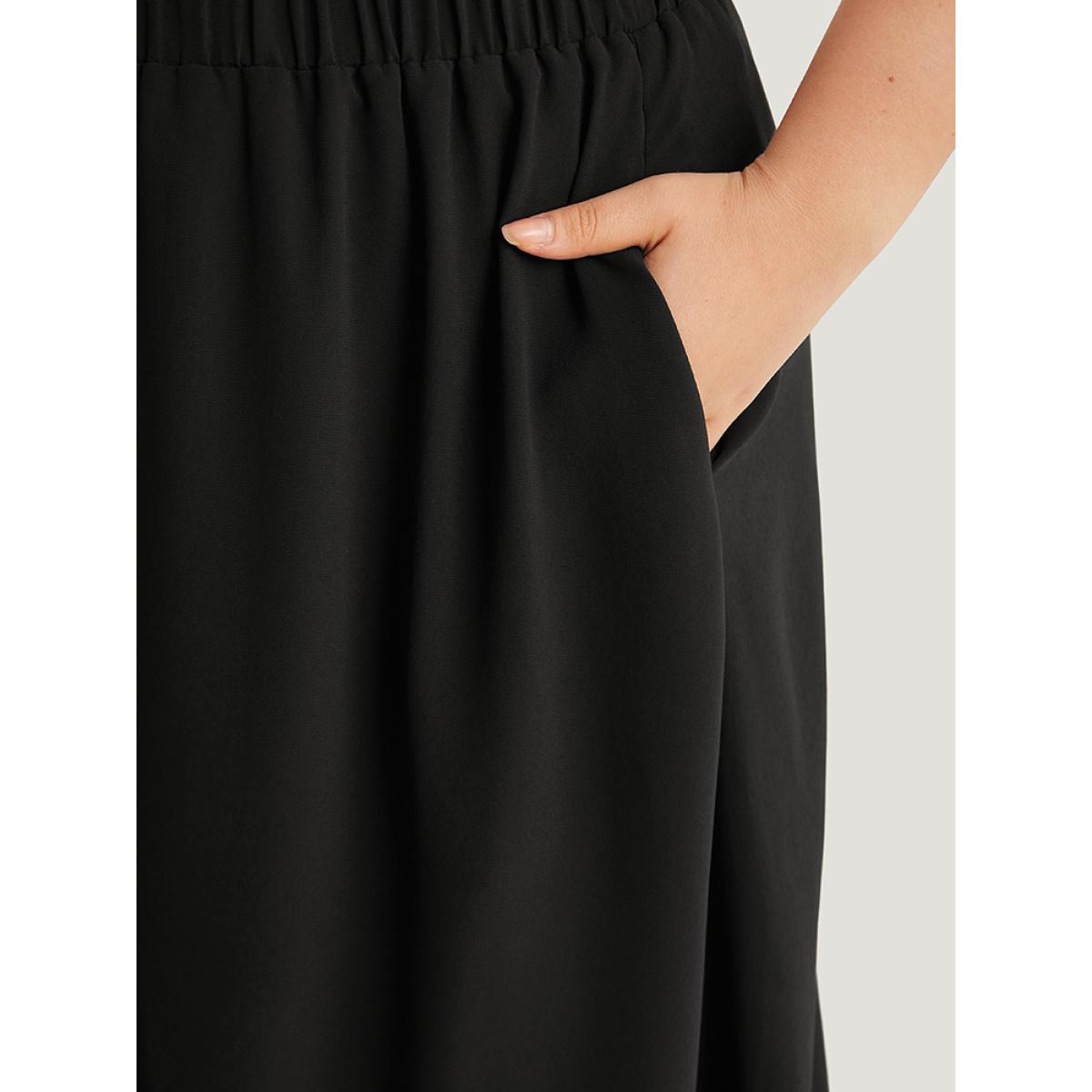 Plus Size Plain Elastic Waist Pocket Mesh High Low Hem Skirt Women Black Elegant Elastic Waist Loose Low stretch Dailywear Skirts BloomChic 10/M Product Image