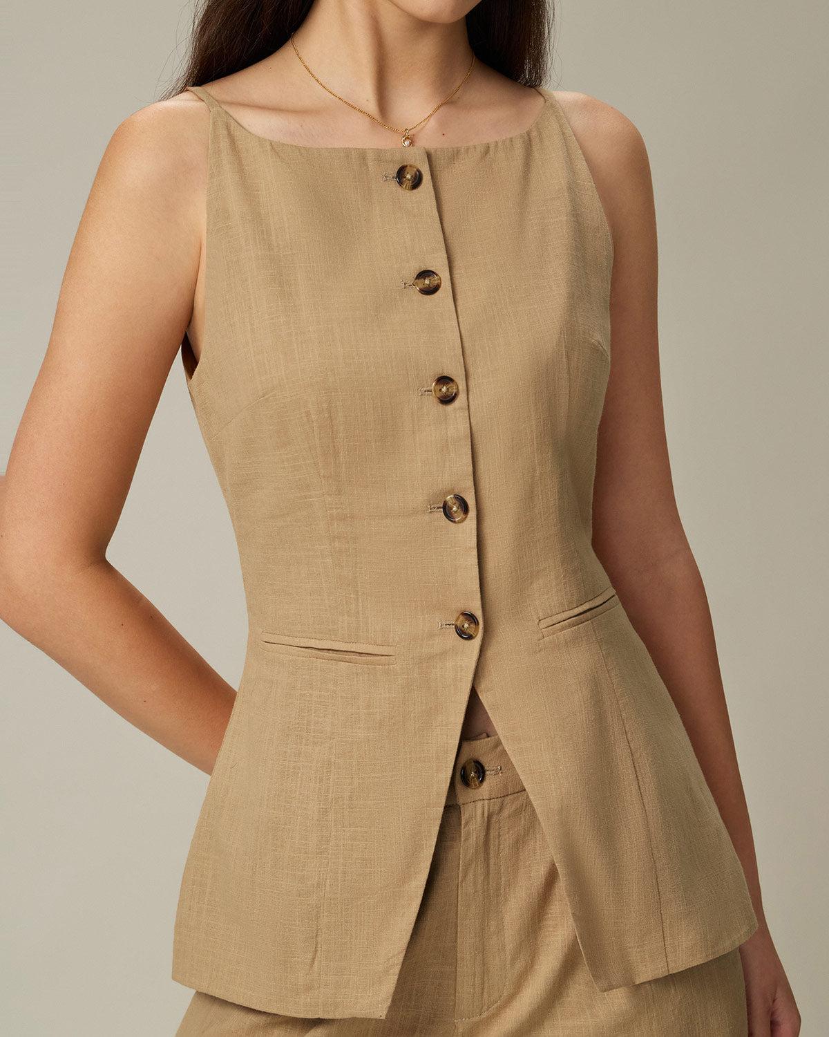 Brown Elastic Waist Pocket Straight Pants Product Image