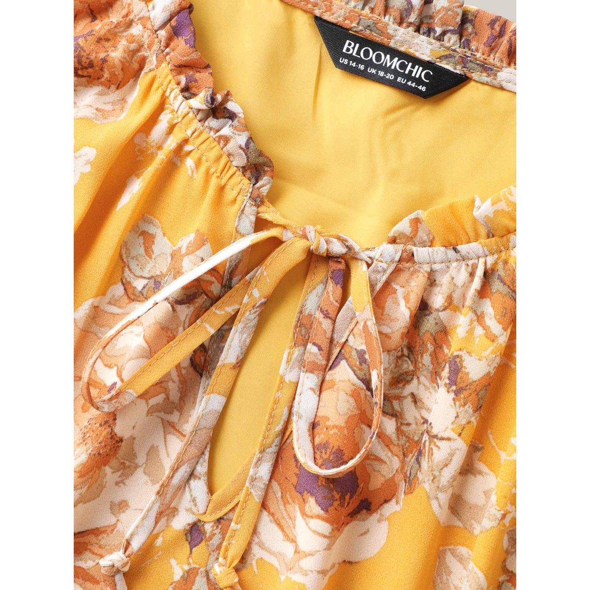 Plus Size Sunny Floral Petal Trim Neck Midi Dress Turmeric Women Notched collar Sleeveless Curvy BloomChic 22-24/3X Product Image
