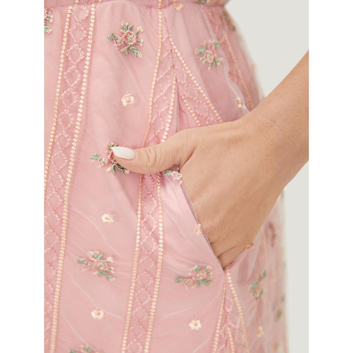 Plus Size Floral Embroidered Mesh Pocket Cami Dress MistyRose Women Glamour Lined Spaghetti Strap Sleeveless Curvy Knee Dress BloomChic 22-24/3X Product Image