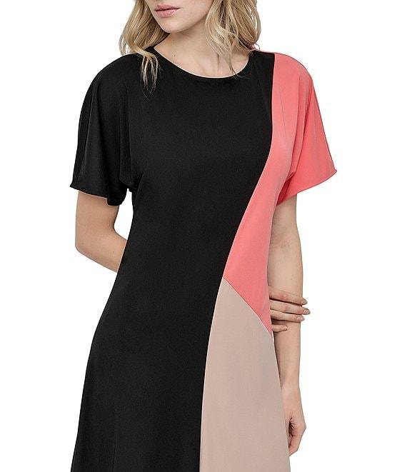 DKNY by Donna Karan Knit Colorblock Print Crew Neck Short Sleeve Midi Dress Product Image