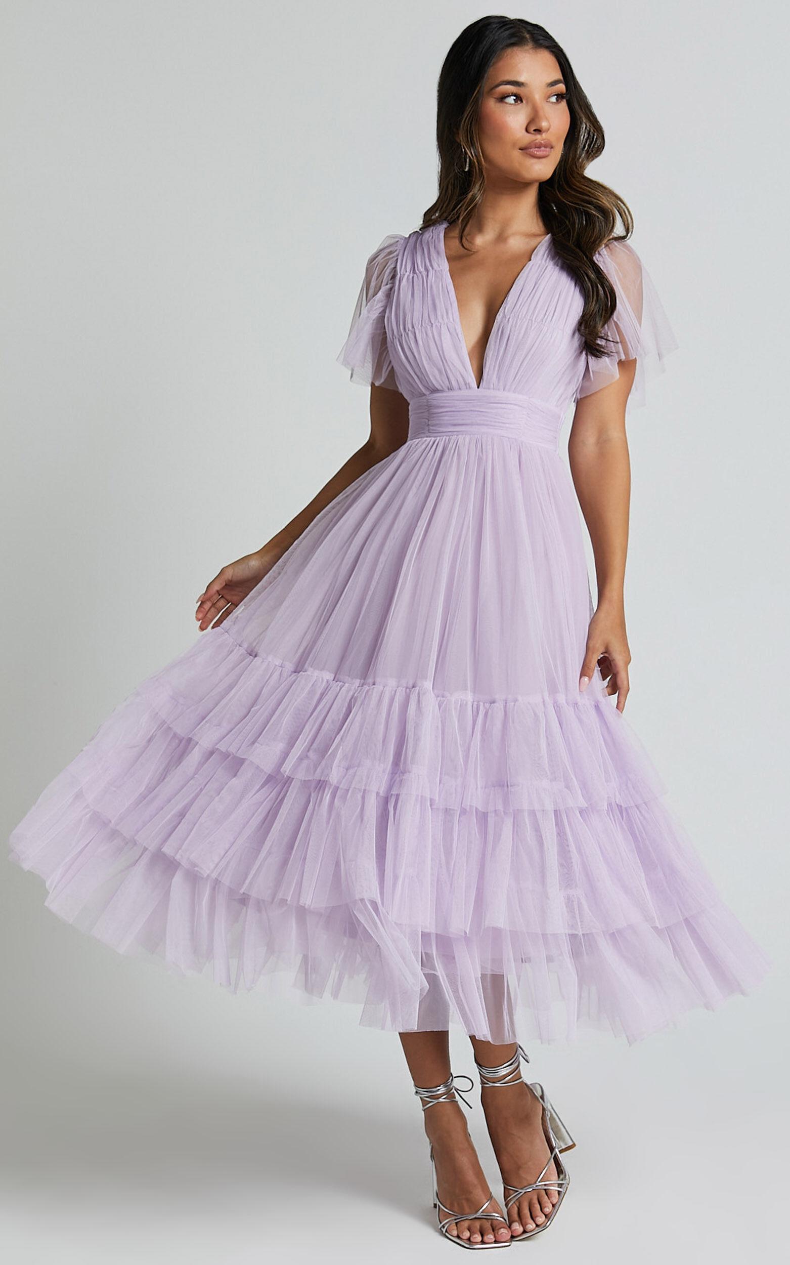 Jiraye Midi Dress - Flutter Sleeve Tuelle Plunge Dress in Lilac Product Image