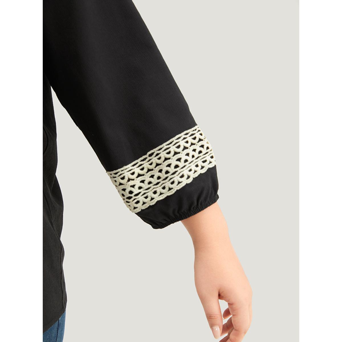 Plus Size Black Patchwork Tassel Trim Knot Lantern Sleeve Blouse Women Vacation Long Sleeve V-neck Dailywear Blouses BloomChic 14-16/1X Product Image