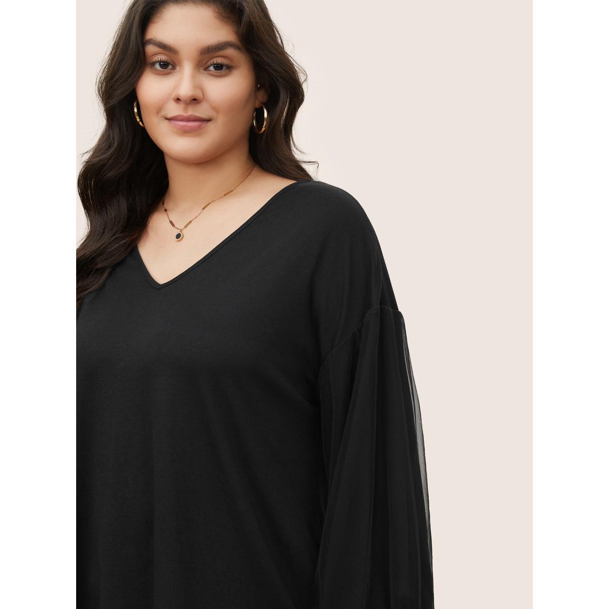 Plus Size Plain Tiered Mesh Patchwork T-shirt Black Women Elegant Non Plain V-neck Everyday T-shirts BloomChic 12/L Product Image