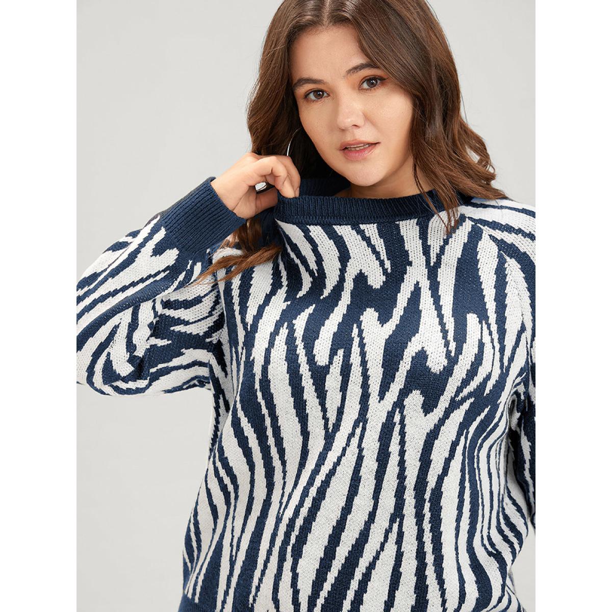 Plus Size Zebra Print Pointelle Knit Raglan Sleeve Jacquard Knit Top Midnight Women Casual Long Sleeve Round Neck Everyday Pullovers BloomChic 12/L Product Image