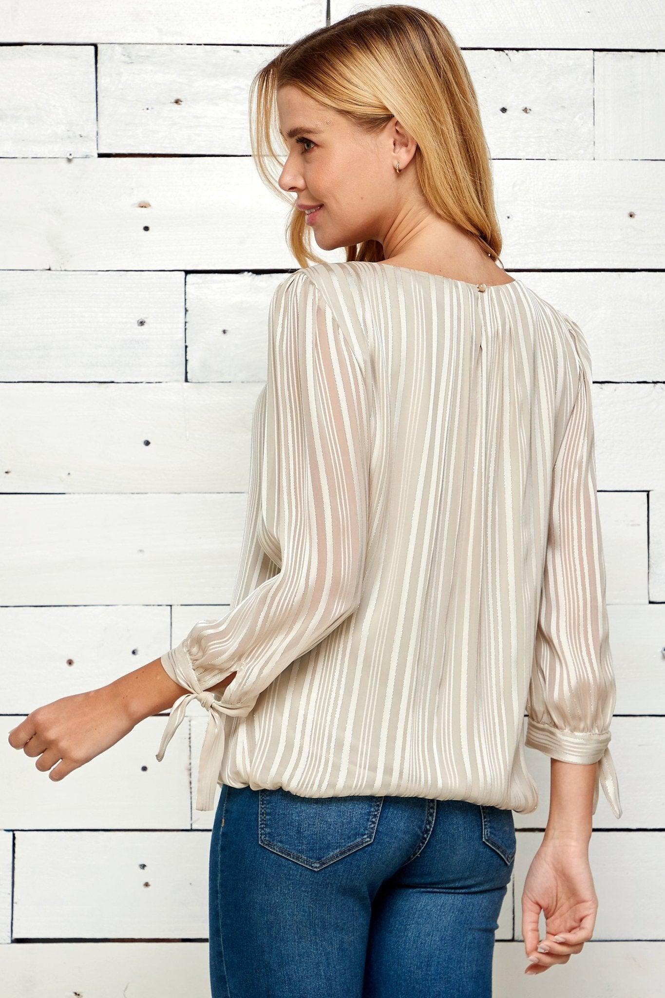 Roz & Ali 3/4 Tie Sleeve Silver Stripe Bubble Blouse Product Image