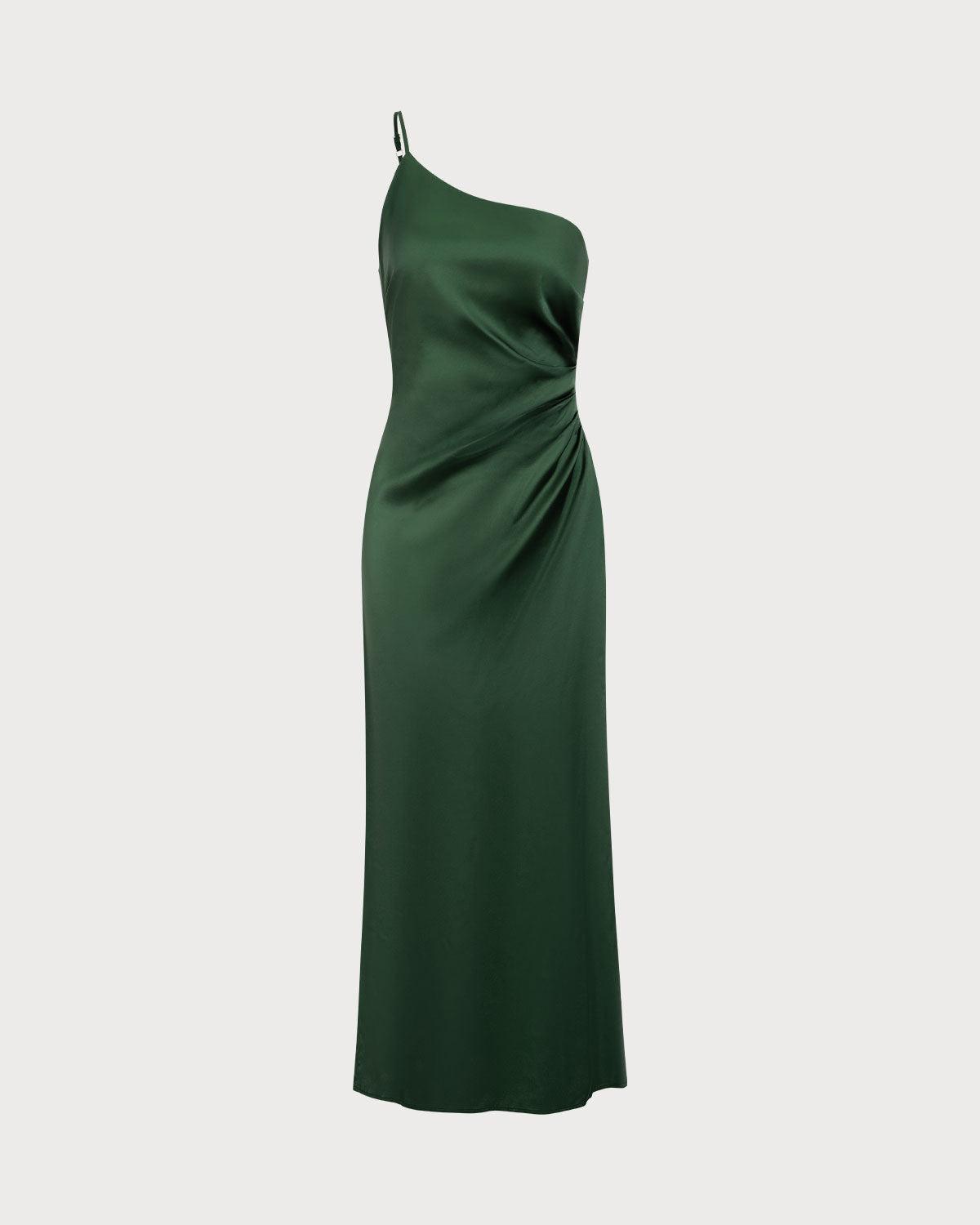 Women's Green One-shoulder Satin Maxi Dress Female Product Image