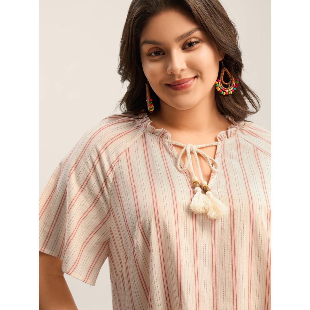 Plus Size Salmon Cotton Stripes Print Neck Tassels Flowy Blouse Women Short sleeve Notched collar Vacation Blouses BloomChic 22-24/3X Product Image