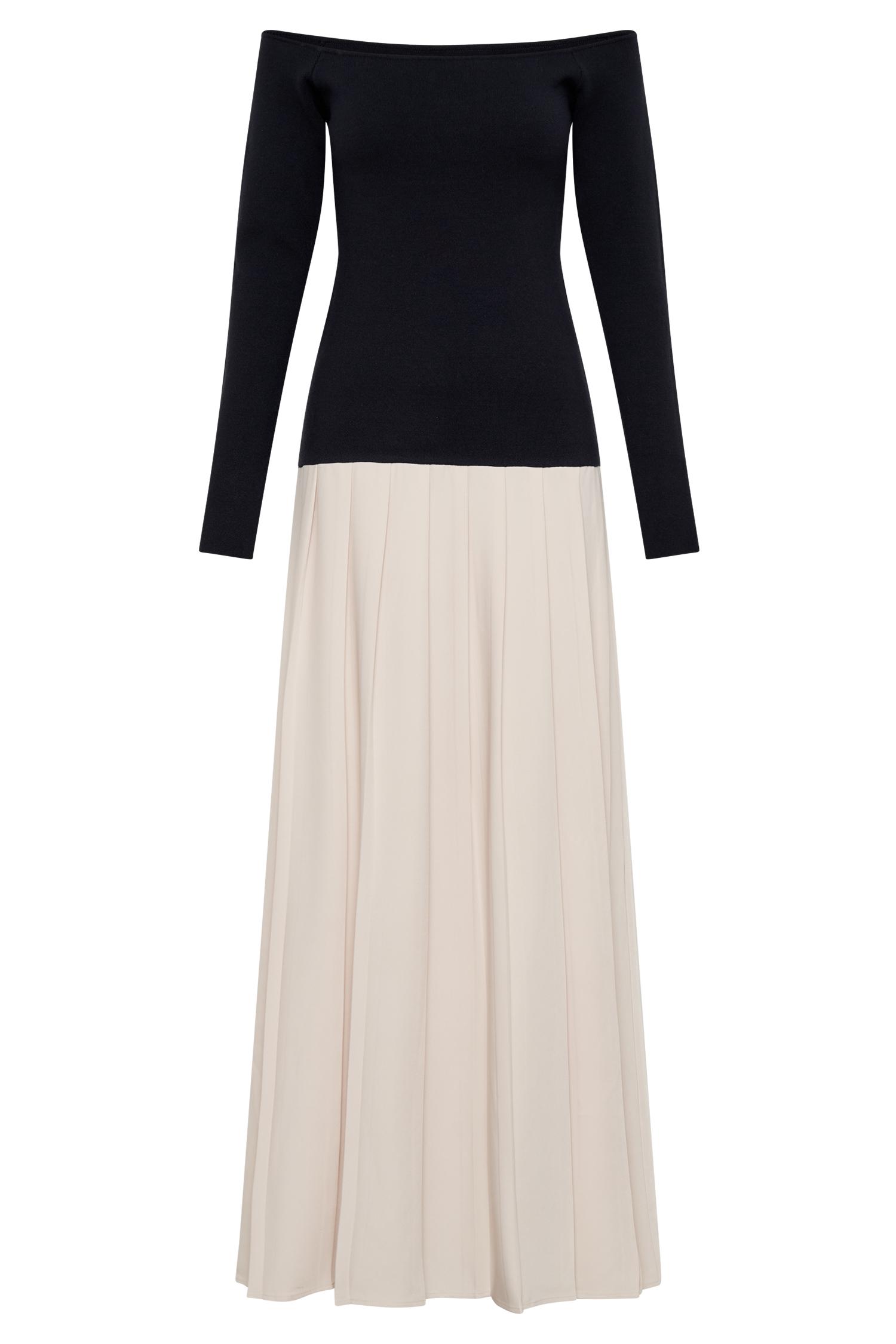 Presley Contrast Knit Off Shoulder Maxi Dress - Navy And Cream Product Image