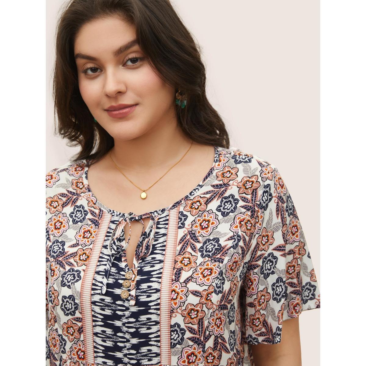 Plus Size Indigo Boho Print Button Detail Ties Blouse Women Resort Short sleeve V-neck Vacation Blouses BloomChic 18-20/2X Product Image