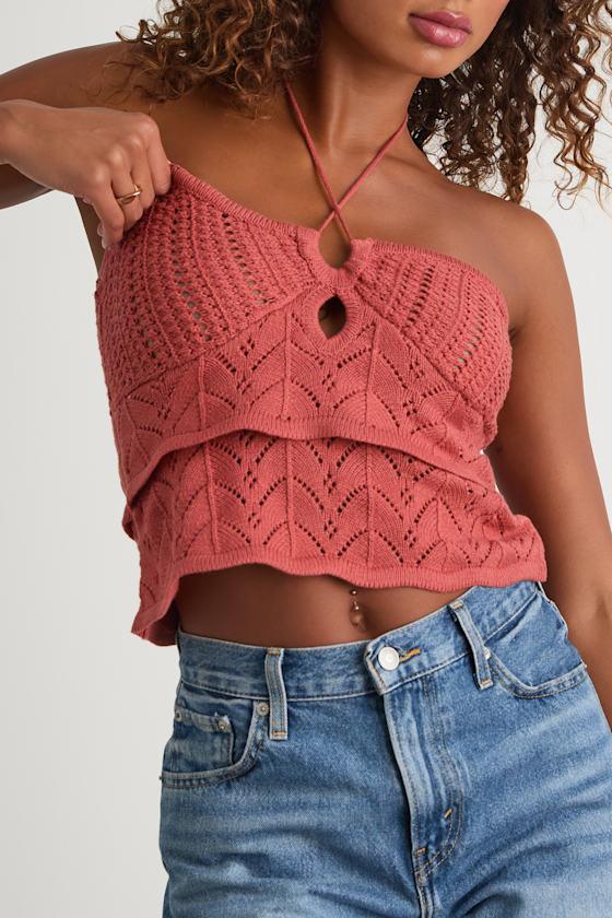 Linden Rusty Rose Crochet Cutout Tiered Halter Top Product Image