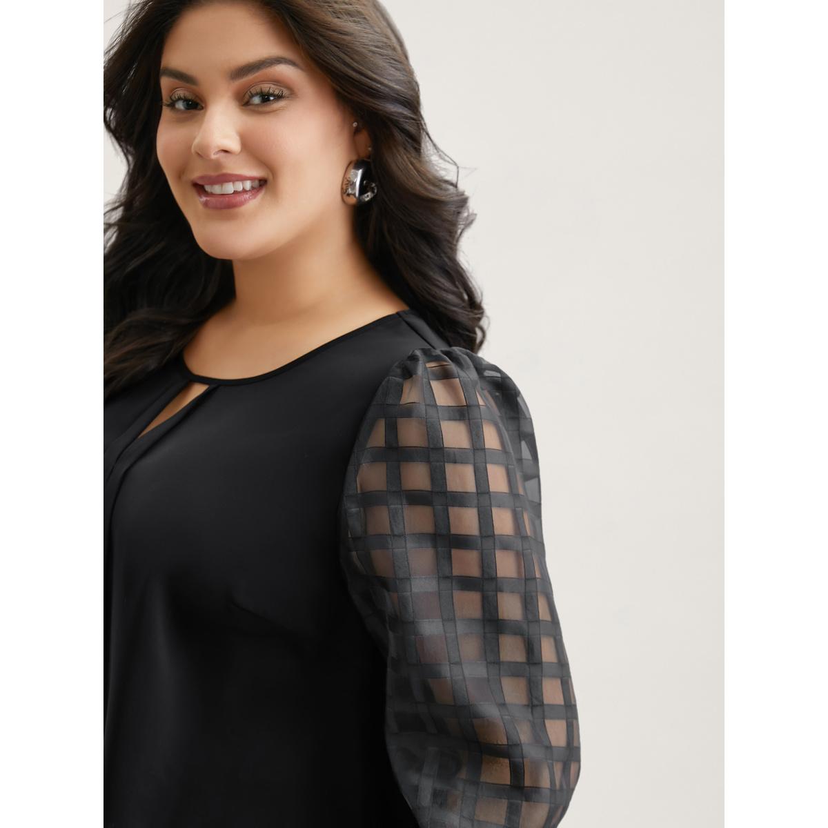 Plus Size Black Sheer Textured Sleeve Neck Cut-Out Shirt Women Office Long Sleeve Round Neck Office Blouses BloomChic 22-24/3X Product Image