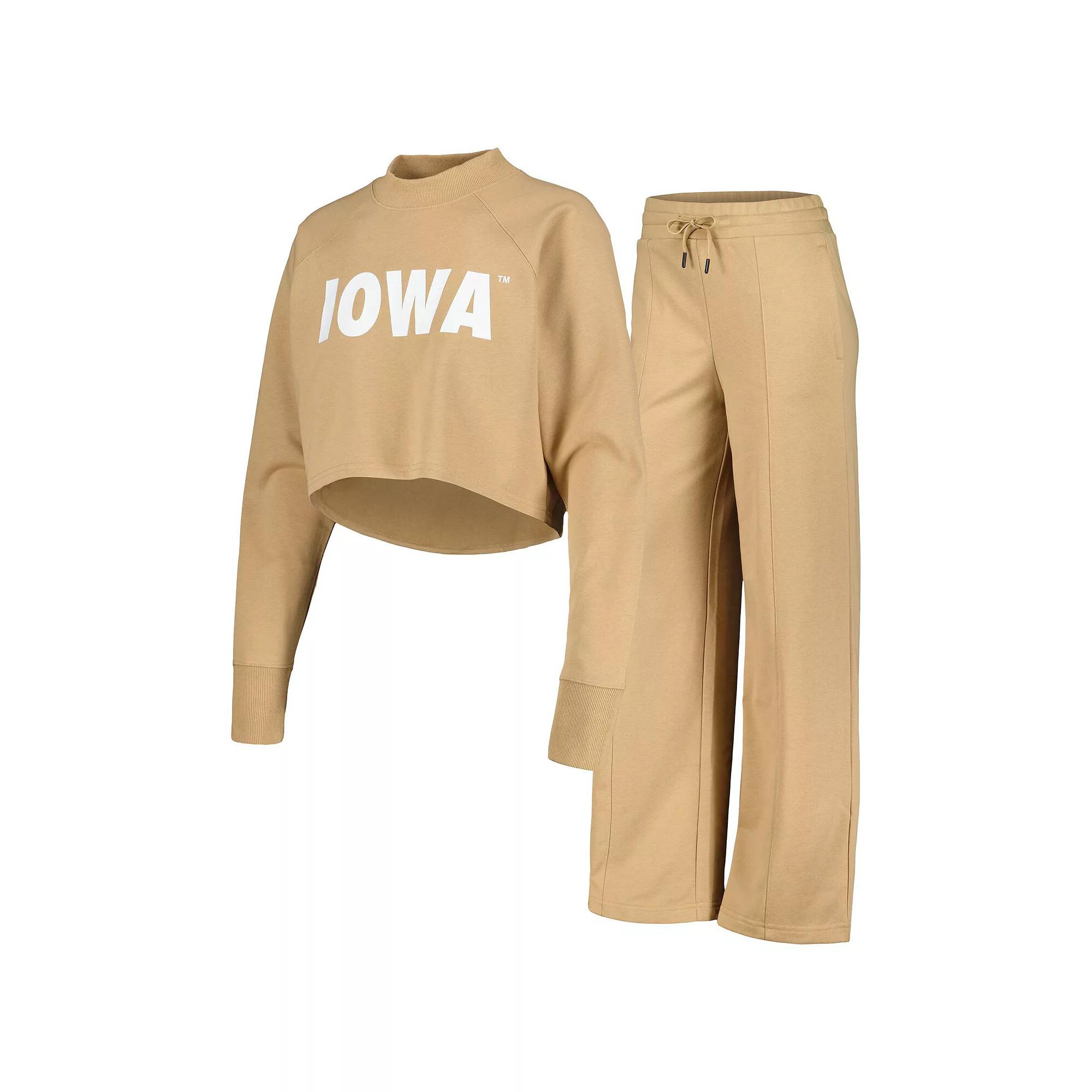 Women's Tan Iowa Hawkeyes Raglan Cropped Sweatshirt & Sweatpants Set, Size: XL, Team Product Image