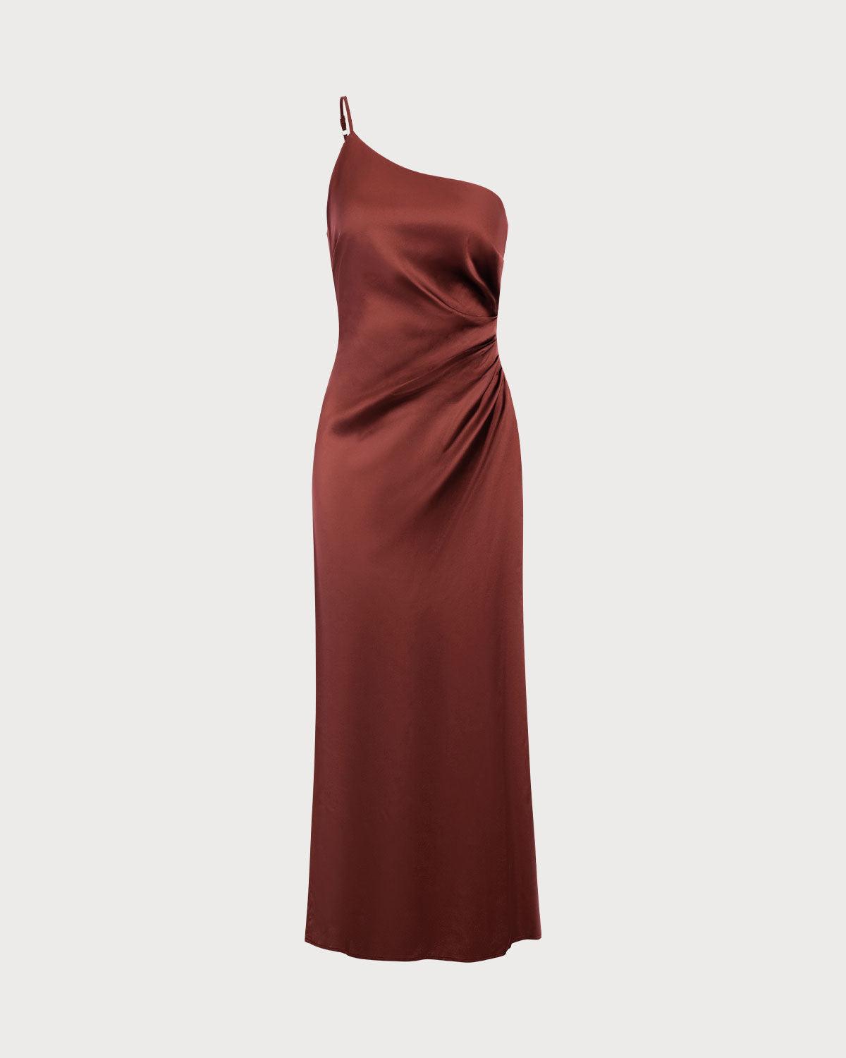 Red One-shoulder Satin Maxi Dress Product Image