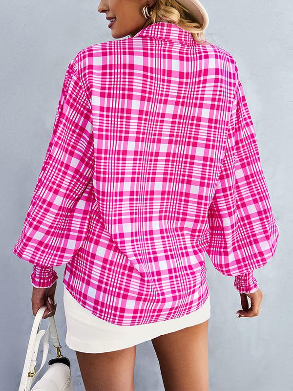 Long Sleeves Loose Buttoned Contrast Color Elasticity Plaid Lapel Blouses&Shirts Tops Product Image
