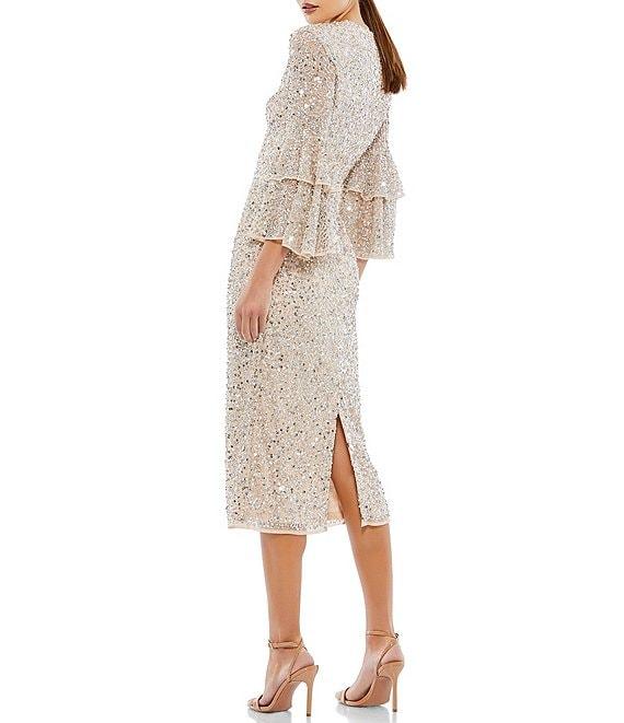 Mac Duggal Crew Neck Ruffle Tiered 3/4 Sleeve Sequin Midi Sheath Dress Product Image
