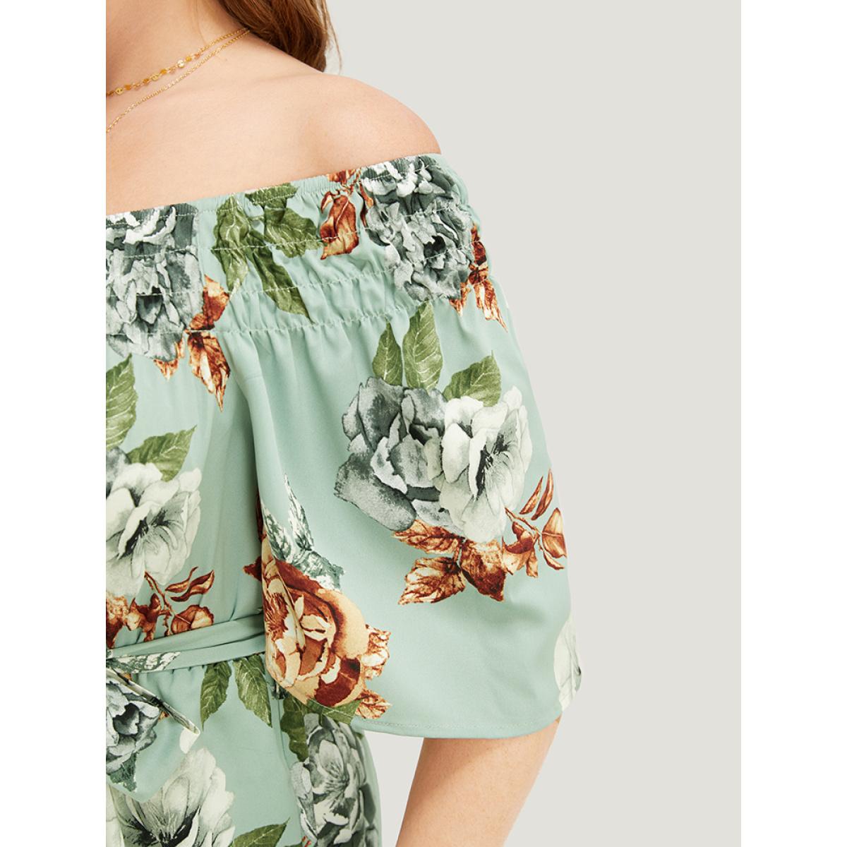 Plus Size Sage Floral Flutter Sleeve Gathered Belt Pocket Jumpsuit Women Elegant Short sleeve Round Neck Dailywear Loose Jumpsuits BloomChic 12/L Product Image