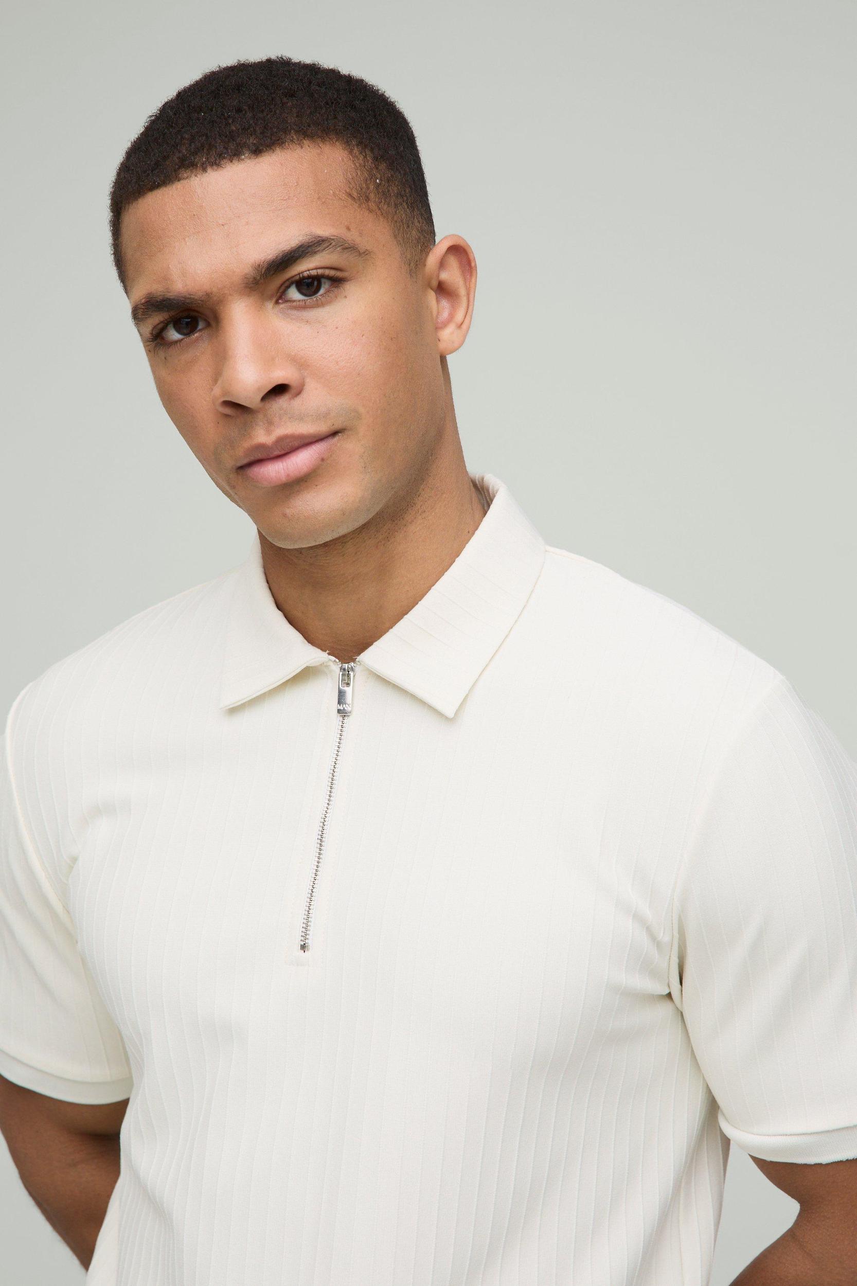 Slim Fit Zip Collar Textured Stripe Short Sleeve Polo | boohooMAN USA Product Image