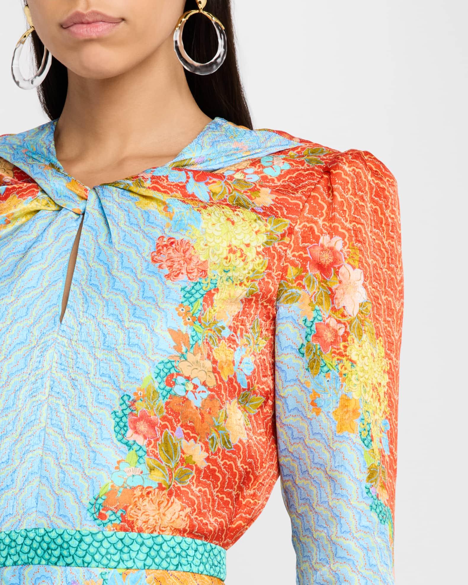 Claudia Floral Silk Long-Sleeve Fluted Midi Dress Product Image