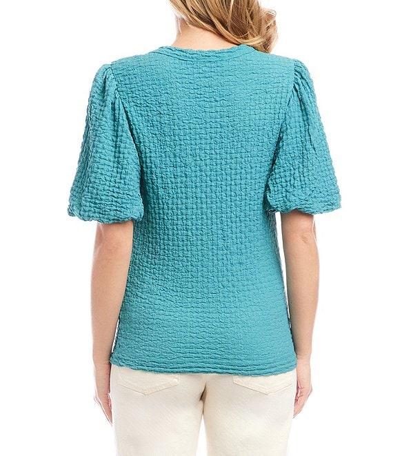 Karen Kane Petite Size Bubble Textured Crew Neck Elbow Puff Sleeve Top Product Image